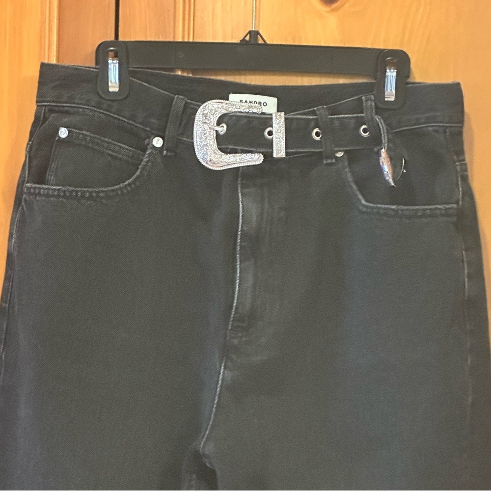 SANDRO women’s Stern Western Belted High Rise Straight Jeans in Black - Picture 8 of 16